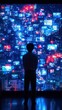 © imagineRbc - A person stands contemplating a large, illuminated digital screen filled with colorful images of a bustling city at night, creating a captivating atmosphere