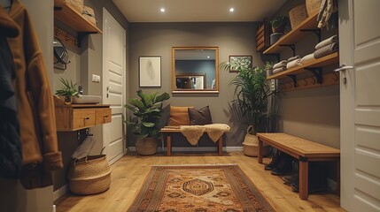 A cozy entryway with wooden furniture, a rug, plants, and a bench with pillows.