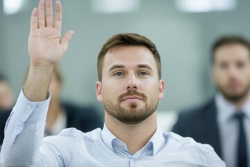 Wall Mural - A man with a beard and a blue shirt is raising his hand, class for adults