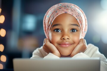 Wall Mural - A young girl wearing a pink head scarf is sitting on a laptop