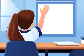 Poster - A girl is sitting at a desk with a white board in front of her