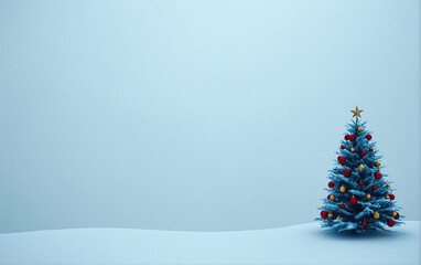 New Year's card: Christmas tree decorated with beautiful balls and garland in snowdrifts. Celebrating the New Year.