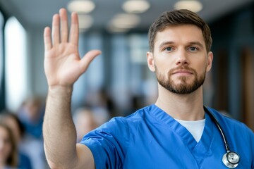 Poster - A man in a blue scrubs is waving his hand in the air, conference of doctors