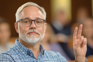 Sticker - A man with glasses is holding up two fingers in a classroom, class for adults