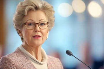 Poster - A woman with glasses is standing in front of a microphone