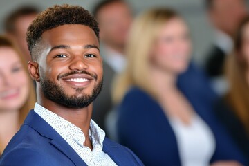 Poster - A man with a beard and a smile is standing in front of a group of people