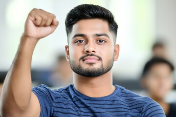 Canvas Print - A man with a black beard and a blue shirt is raising his fist in the air