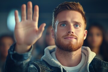 Poster - A man with a beard and blue jacket is waving at the camera, class for adults