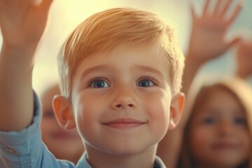 Canvas Print - A young boy with a smile on his face is raising his hands in the air