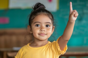 Sticker - A young girl in a yellow shirt is pointing up