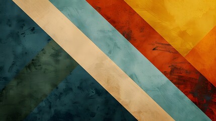 Abstract geometric background with diagonal stripes in vibrant colors of red, orange, blue, and beige on a textured surface