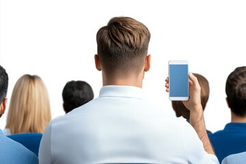 Canvas Print - A man holding a cell phone in front of a crowd of people