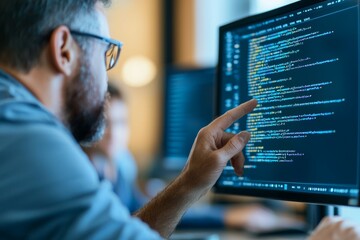 A man pointing at a computer screen with a lot of code on it, IT specialist