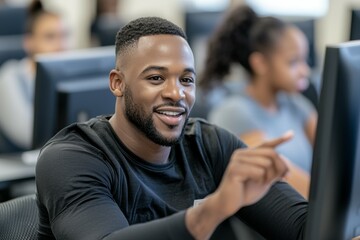 Wall Mural - A man with a beard and a black shirt is pointing at a computer monitor, IT specialist