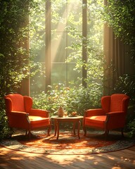 Sunlit room with two red armchairs and a small table, surrounded by lush greenery and bathed in natural light through large windows, creating a serene atmosphere.