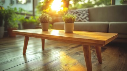 Wall Mural - Cozy living room with a wooden coffee table and plants.