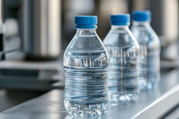 Canvas Print - Three bottles of water are lined up on a counter