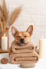 a relaxed dog resting on stacked towels, surrounded by candles and decorative elements, exuding a co