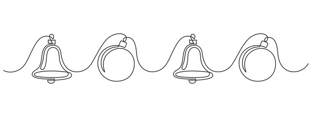 Aufkleber - One continuous line drawing of christmas balls and bells. Xmas festive decoration with mistletoe and bow in simple linear style. Seamless border in editable stroke. Doodle vector illustration