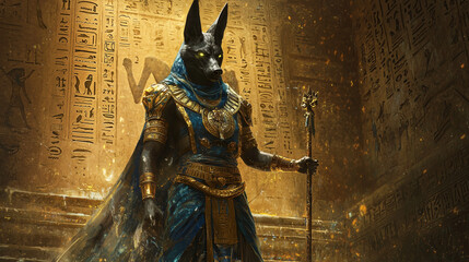 A majestic Anubis figure adorned in ancient Egyptian royal attire, standing in a golden, hieroglyph-covered temple