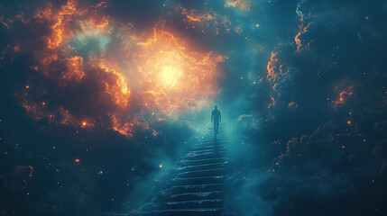 person climbs up the stairs into the sky to the clouds difficulties are an obstacle in the way of bu