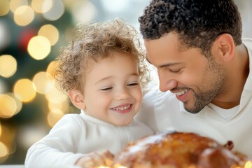 A man and a child are smiling at the camera while holding a turkey