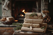 © INT888 - stack of presents wrapped in kraft paper, adorned with twine and greenery, sits near cozy fireplace, creating warm and inviting atmosphere perfect for holiday season