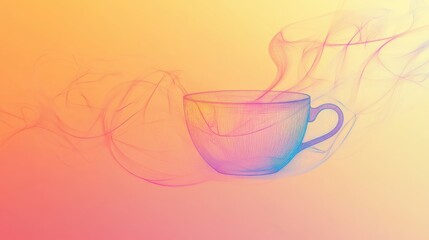 Poster - A delicate tea cup created with a continuous line design, with soft steam rising above it, set against a warm, colorful gradient background. Generative AI