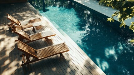 Wooden lounge chairs in the pool and deck of a contemporary villa