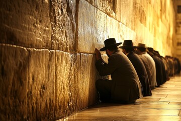 Devout Jews praying at the Western Wall during Yom Kippur evening in Jerusalem, displaying deep reverence and tradition