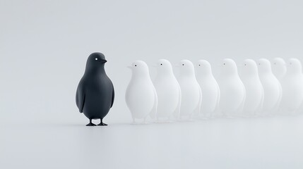 A single black bird stands confidently in front of a line of white birds on a minimalistic background