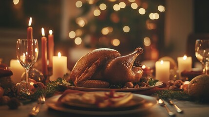 christmas table setting with drink and turkey