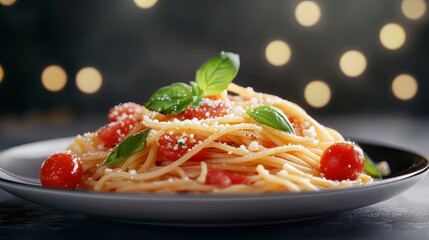 Delicious plate of spaghetti on a dark background. Dark plate with italian foods. Ultra realistic. Photorealistic