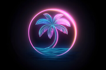 Detailed neon outline of a palm tree on beach icon isolated on black background