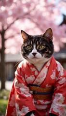 A close-up of a cat in a traditional kimono surrounded by cherry blossoms in spring