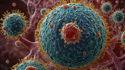 Wall Mural - microscopic observation of monkeypox virus infecting human cells: viral particles and cell membrane 