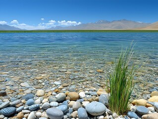 Serene lakeside view with crystal clear water and smooth pebbles under a bright blue sky, framed by distant mountains and lush greenery.