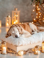 Wall Mural - A serene golden retriever peacefully sleeps on a cozy cushion surrounded by warm candles and fairy lights, creating a tranquil, festive atmosphere.