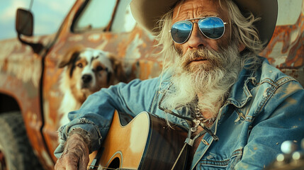 an old brutal rocker with a beard and a guitar in a cowboy hat sits with a dog near an old car.