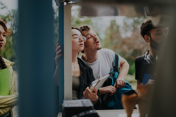 Poster - A group of multicultural students gathers in a park, enjoying their break between classes. They are engaged in conversation, reflecting a lively and collaborative atmosphere.