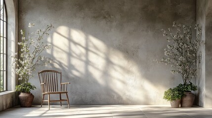 Wall Mural - Minimalist interior with a chair and potted plants.