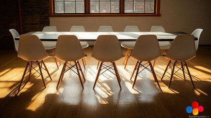 Wall Mural - Modern conference room with a long table and chairs.