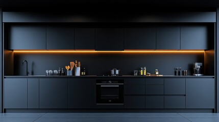 Wall Mural - Modern kitchen with sleek design and warm lighting.