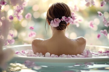 A woman relaxes in a serene bath surrounded by soft flower petals, enjoying tranquility in a peaceful environment