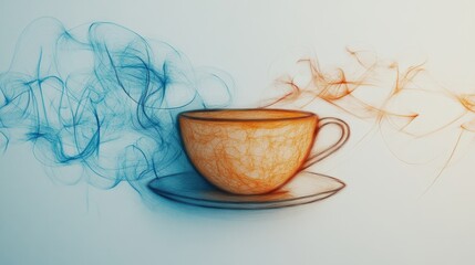 Poster - A tea cup is elegantly illustrated with a continuous line, accompanied by gentle steam lines in soft hues emanating warmth. Generative AI