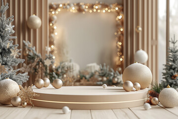 A Christmas scene with a white background and a gold and white color scheme