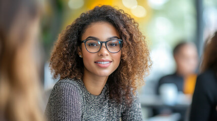 Wall Mural - A woman with curly hair is wearing glasses and smiling