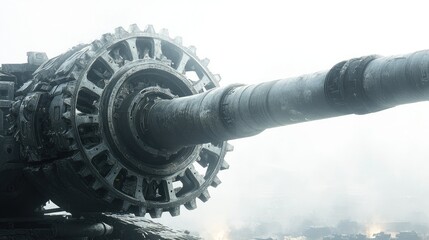 Close-up of a tank cannon with a large gear system and a hazy background.