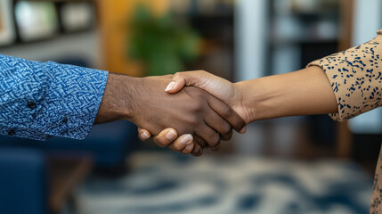 Two people shaking hands in a room