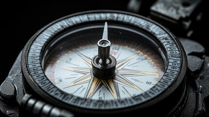 Close-up shot of an analog compass with the needle pointing north.